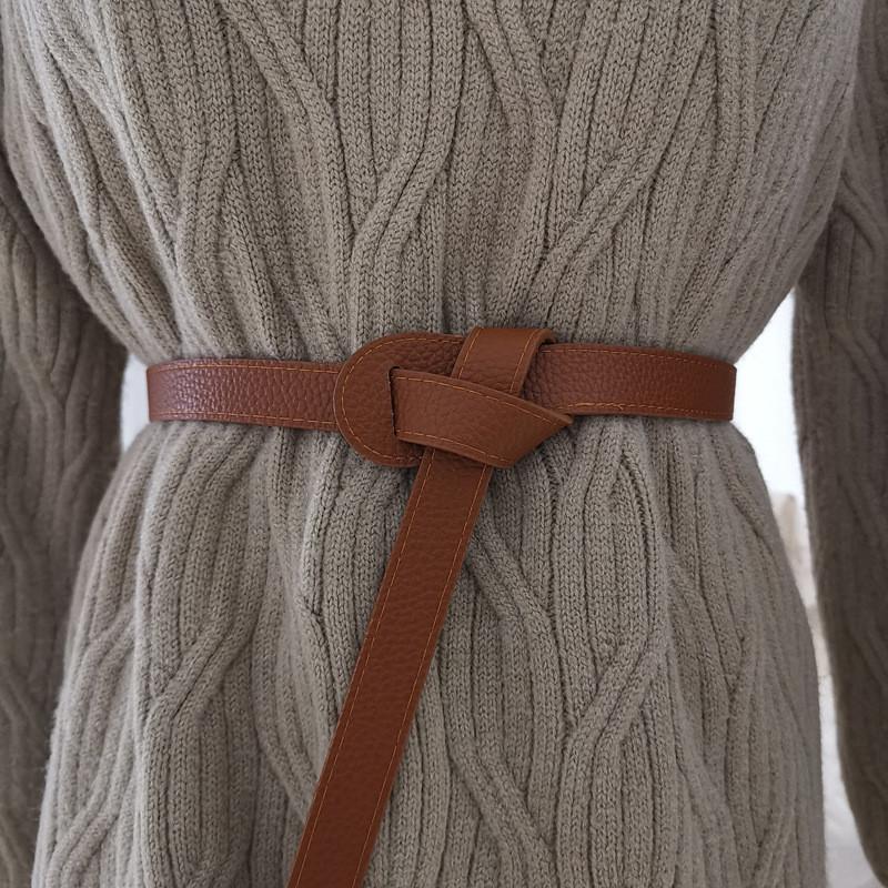 True Leather Women Slim Waist Belt With Tie Knot For Dresses And Sweaters