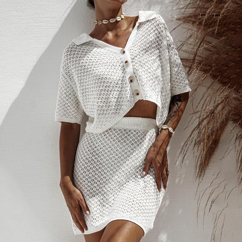 

Жіночий бежевий мереживний топ з коротким рукавом та коміром поло у поєднанні з відповідною облягаючою спідницею, елегантний святковий наряд XXL білий