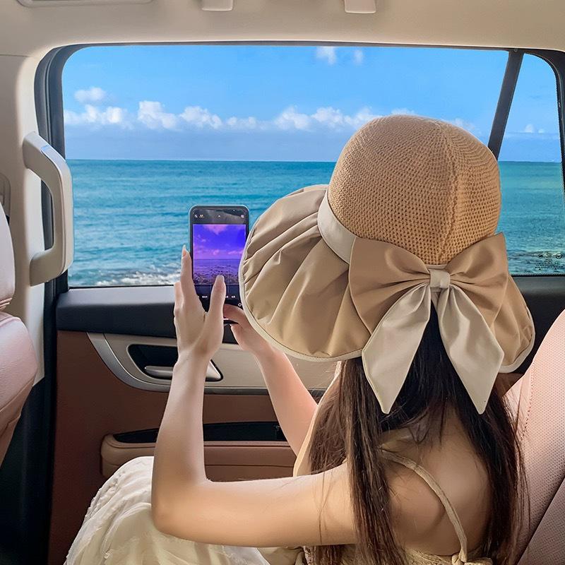 Korean-Style Women's Wide Brim Sun Hat with Bow and Face Mask - Versatile Outdoor UV Protection Hat for Adults