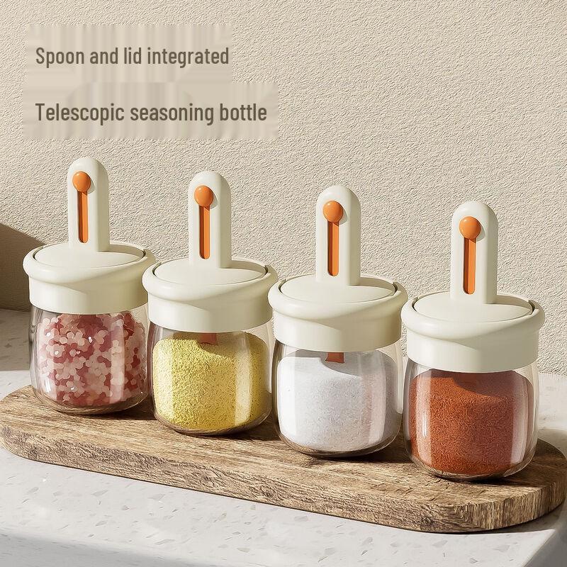 OLOEY Glass Seasoning Jar with Telescopic Spoon Lid