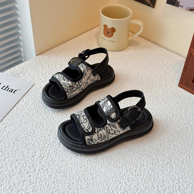 

Boys Casual Beach Shoes with Hook & Loop Strap 2025 New Trend Fashionable Open Toes Medium Big Kids Sandals Soft Anti-skid Chic 26 бежевый