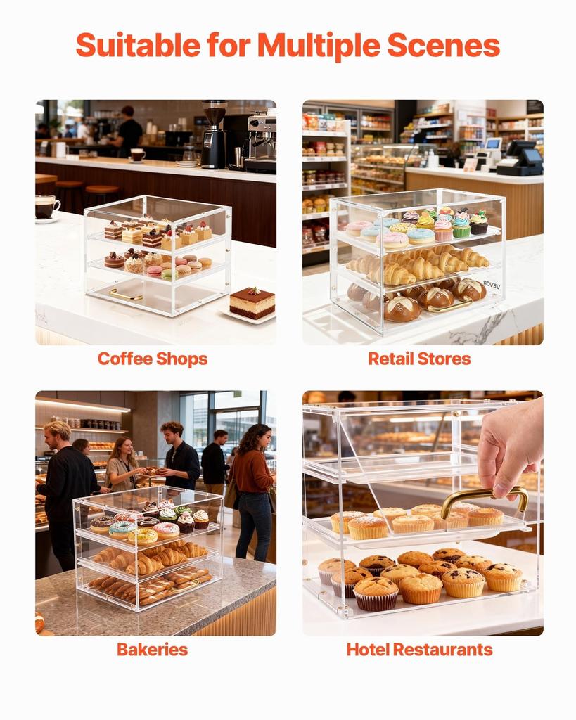 Bakery Display Case, 3-Tier Commercial Countertop Pastry Display Case, Clear Acrylic Bread Box for Kitchen, Party Cake Cabinet with Flip-Up Door for