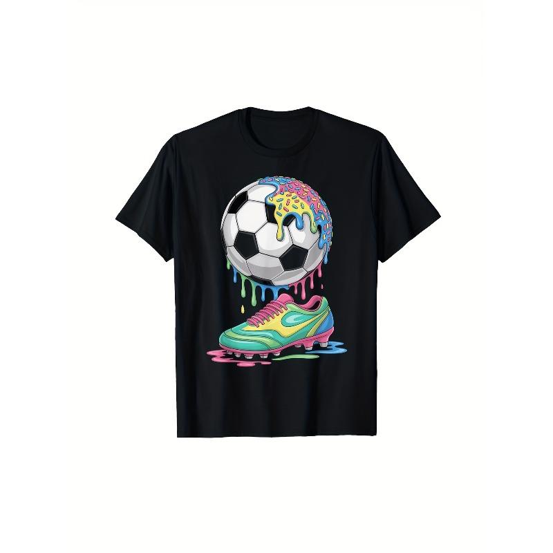 

European Size Black Sports T-Shirt with a Football And Sneaker Design, Perfect for Training, Matches, And Casual Outings,Made from Breathable Material S