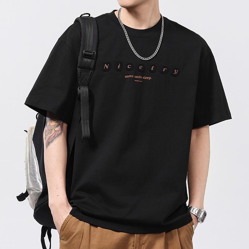 Heavy Retro English Letter Embroidered Pure Cotton Short-sleeved T-shirt for Men Round Neck T-shirt Short-sleeved