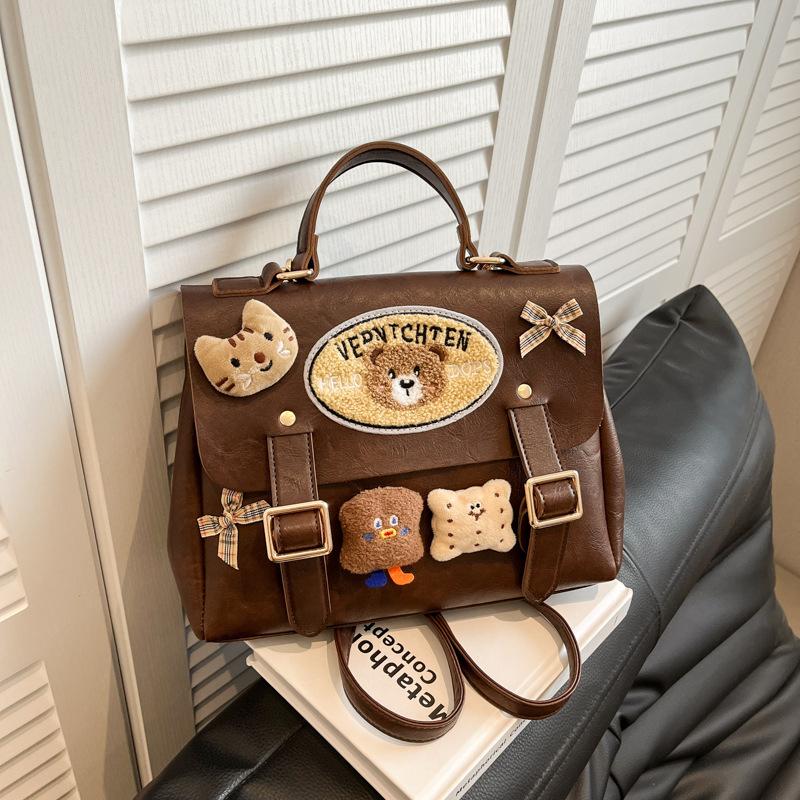 Kawaii Cartoon PU Leather Backpack for Women, Multi-functional Convertible School Bag, Cute Bear & Toast Decor Satchel