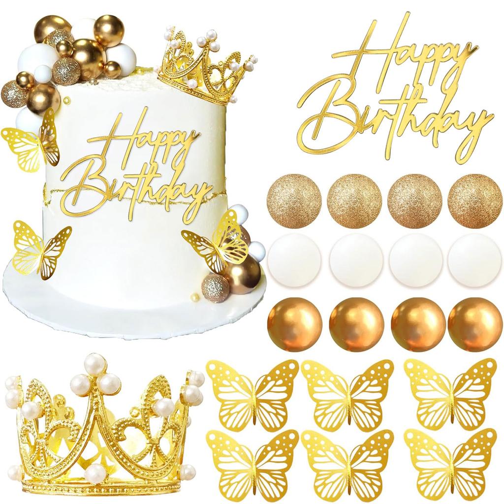 Balls Cake Toppers Happy Birthday Crown Tiara Cake Toppers for Birthday Wedding Baby Shower Party Decorations