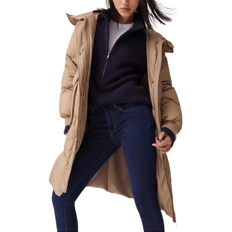 Levis Casual Loose Comfortable Solid Color Hooded Long Sleeve Mid-Length Down Jacket Women outerwear Coffee 002PY-0001