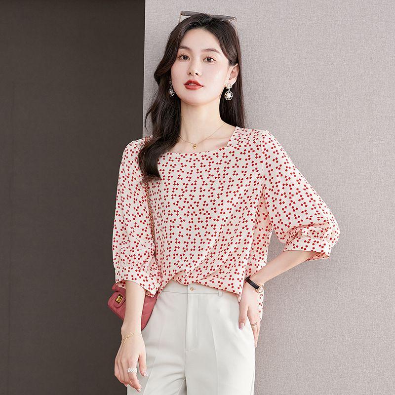

Hangzhou Famous Brand Summer Dress Polka Dot Half Sleeve Square Collar Silk Red dot M