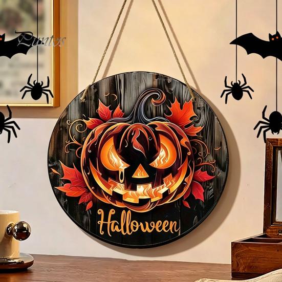 Fall Seasonal Door Hanger Halloween Wooden Sign, Flame Pumpkin Maple Leaf Printed Round Hanging Plaque, Wall for Shop Window Waterproof Decorative