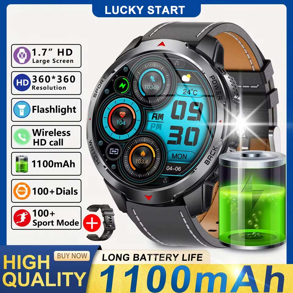 

Умные часы KT88 Светодиодный фонарик Компас для улицы Звонки по BT Мужские Мультиспортивный фитнес-трекер 1100 мАч Большая батарея Смарт-часы leather чёрный