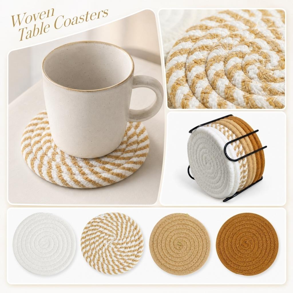 8 Piece Braided Cotton Coaster Set for Home Office Tabletop Protection Absorbent Round Coasters for Drinks Mugs Cups