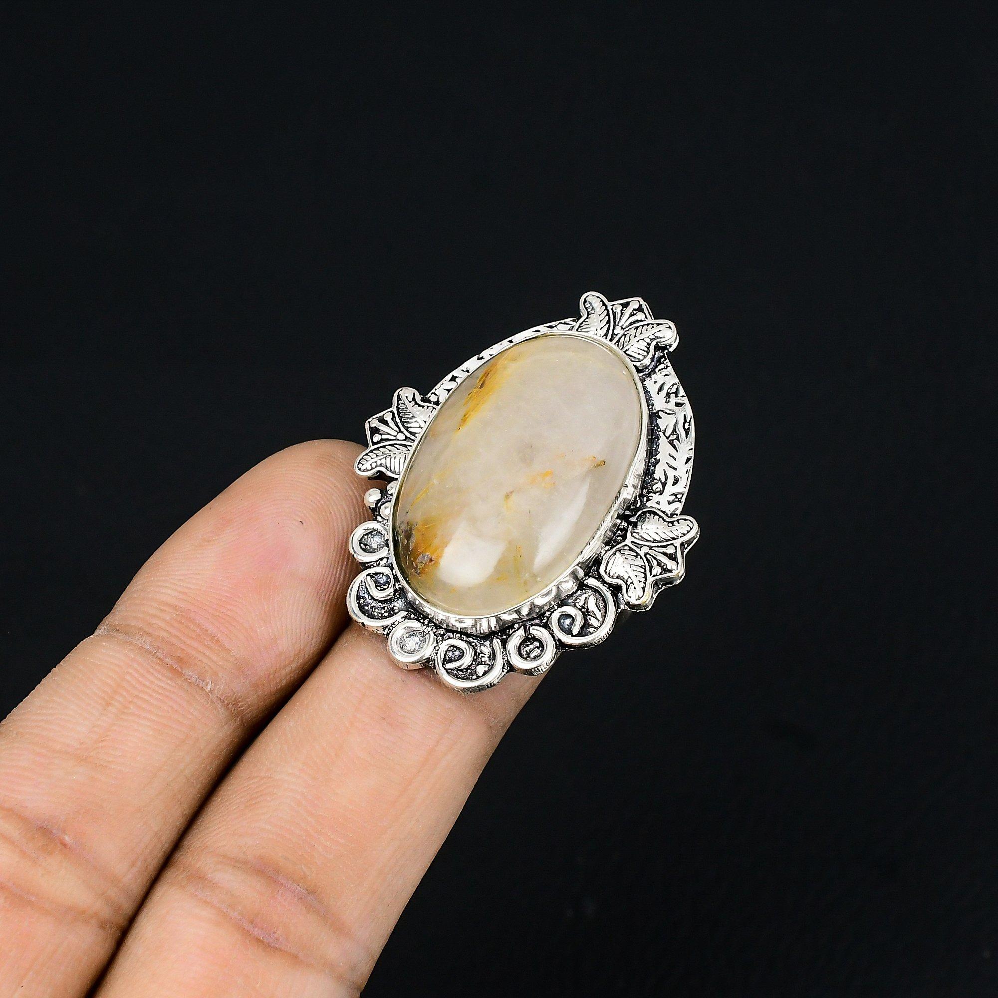 925 Silver Golden Rutile Stone Art Deco Promise Stackable Ring Jewelry US 6.5 6.5
