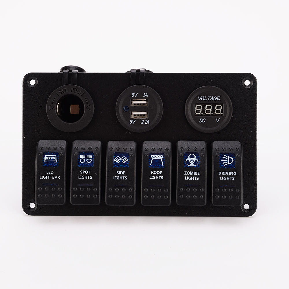 DC 12 V/24 V Car Marine Boat 6-Gang Waterproof Circuit Blue LED Rocker Switch Panel Breaker USB Charger Switches  Relays