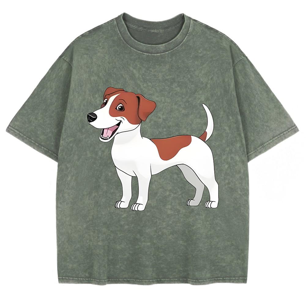 Russell Terrier Puppy Printing Washed T-Shirts Mens Cotton Short Sleeve Tops Street O-Neck Oversize T Shirt Clothes