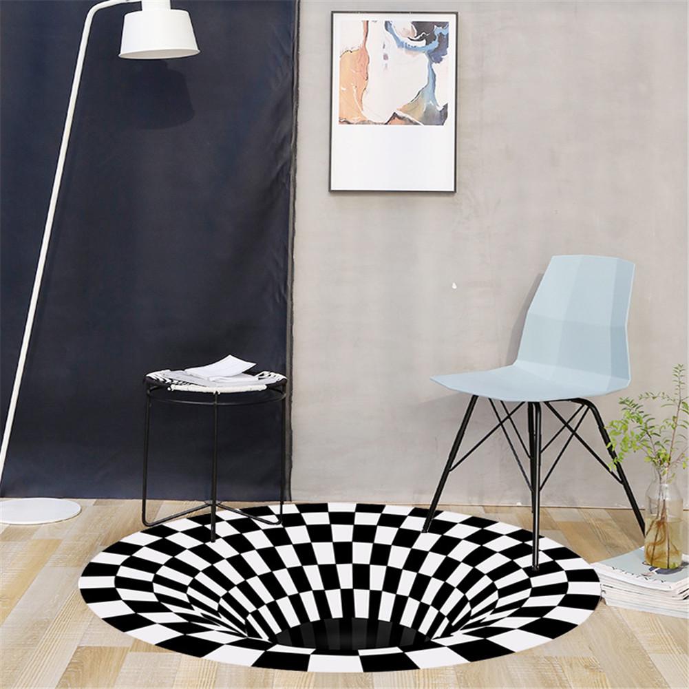 Round Black White Grid Carpet 3D Vortex Room Bedroom Anti Slip Floor Mats Home Carpet Rugs