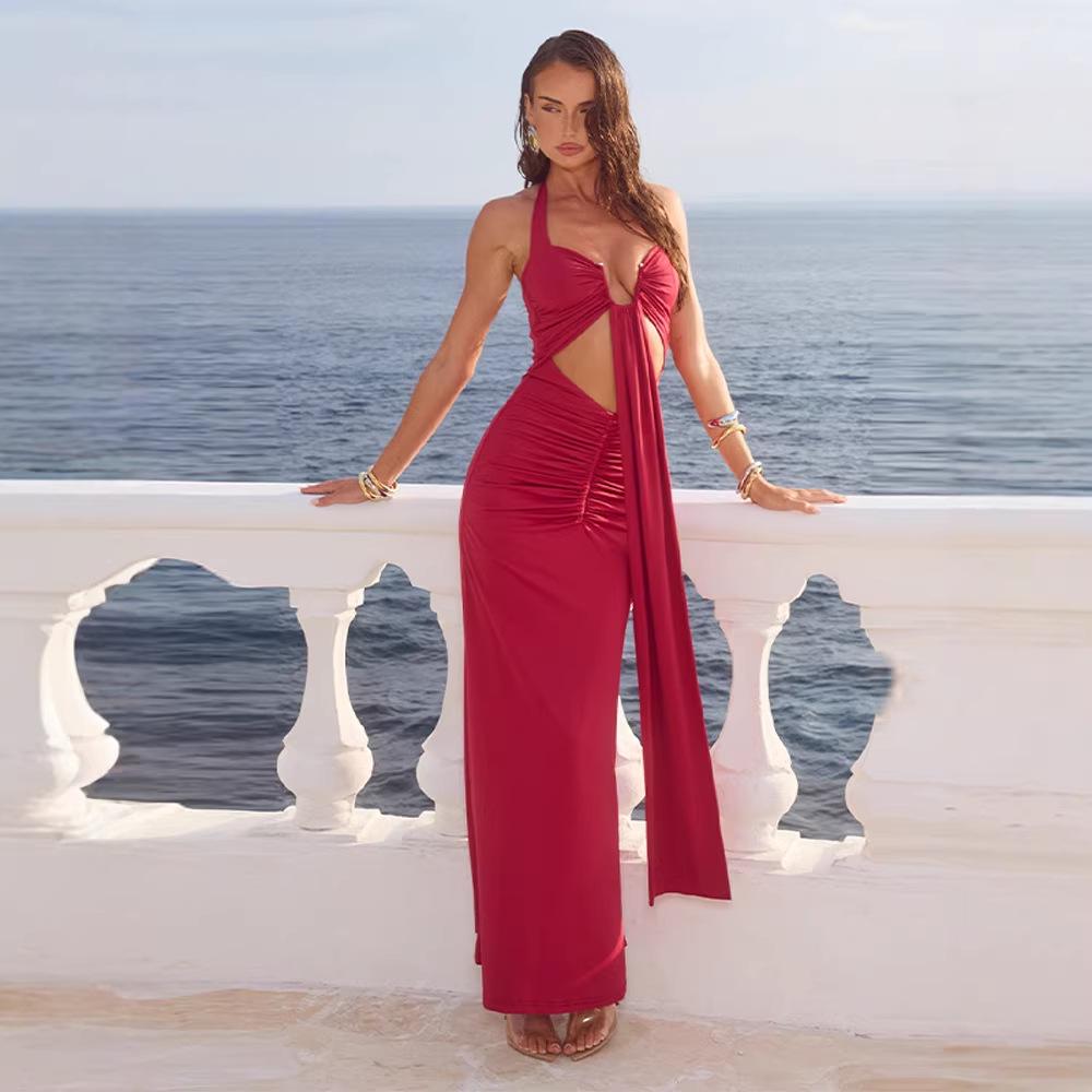 Women s 2026 Spring/Summer Halter Neck Hollow Out Ribbon Slim Fit Long Dress Large красный