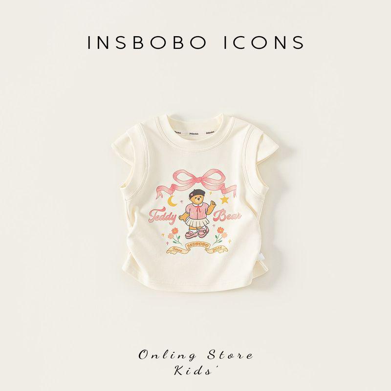 [Teddy Bear Series] Insbobo Girls  Short-Sleeved 2026 New Style Girls  Clothes Summer T-Shirt Children s Clothing Fashionable Rice White 90