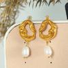 French 18k Gold Plated Hollow Lava Irregular Earrings Freshwater Pendant Premium Earrings