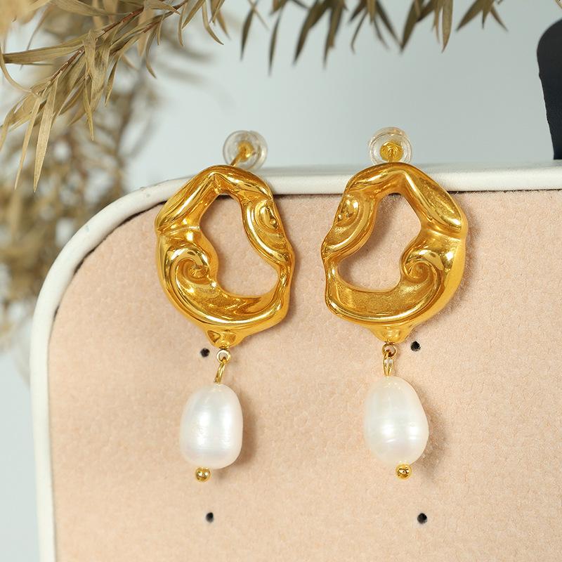 French 18k Gold Plated Hollow Lava Irregular Earrings Freshwater Pendant Premium Earrings