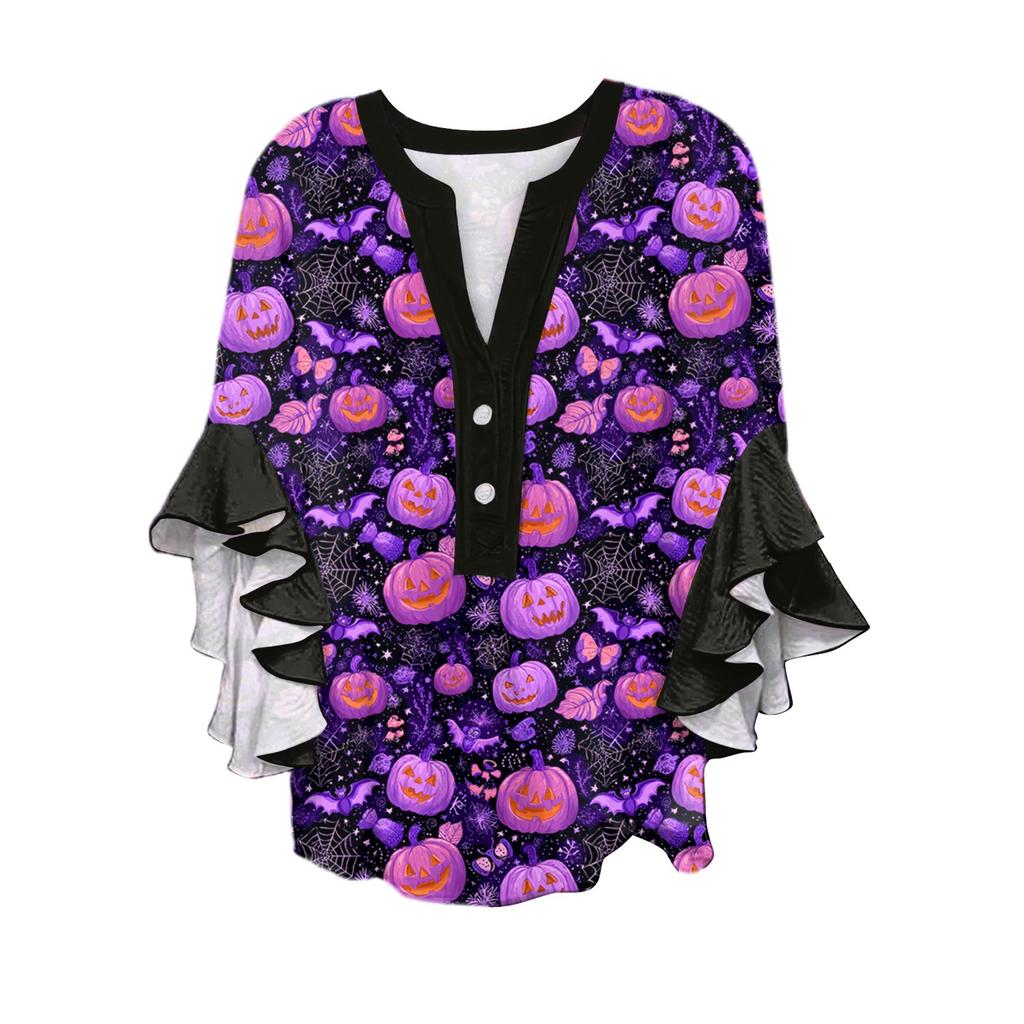 Women's V-neck Seven Quarter Sleeved Shirt Halloween Printed Top Casual Shirt