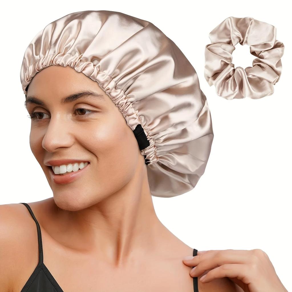 Adjustable Hypoallergenic Satin Hair Cap Double Layer Reversible Sleeping Bonnet Adults Soft Pink Blush Color Options Head Wear