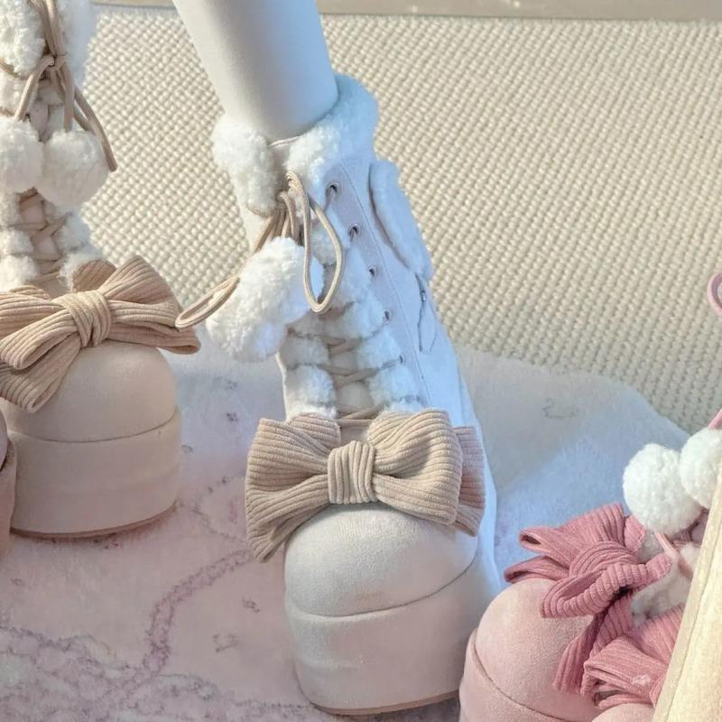 Winter Platform Snow Boots for Women Fad Cute Girls Lolita Ankle Boots Plush Warm Hairball Bowknot Wedge Cotton Shoes for Women