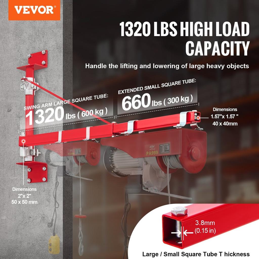 Electric Hoist Support Arm, 600 kg Max Load Capacity, Electric Hoist Holder Swing Arm with Pole, Steel Hoist Frame, 180° Swivel Scaffold Hoist Lifting