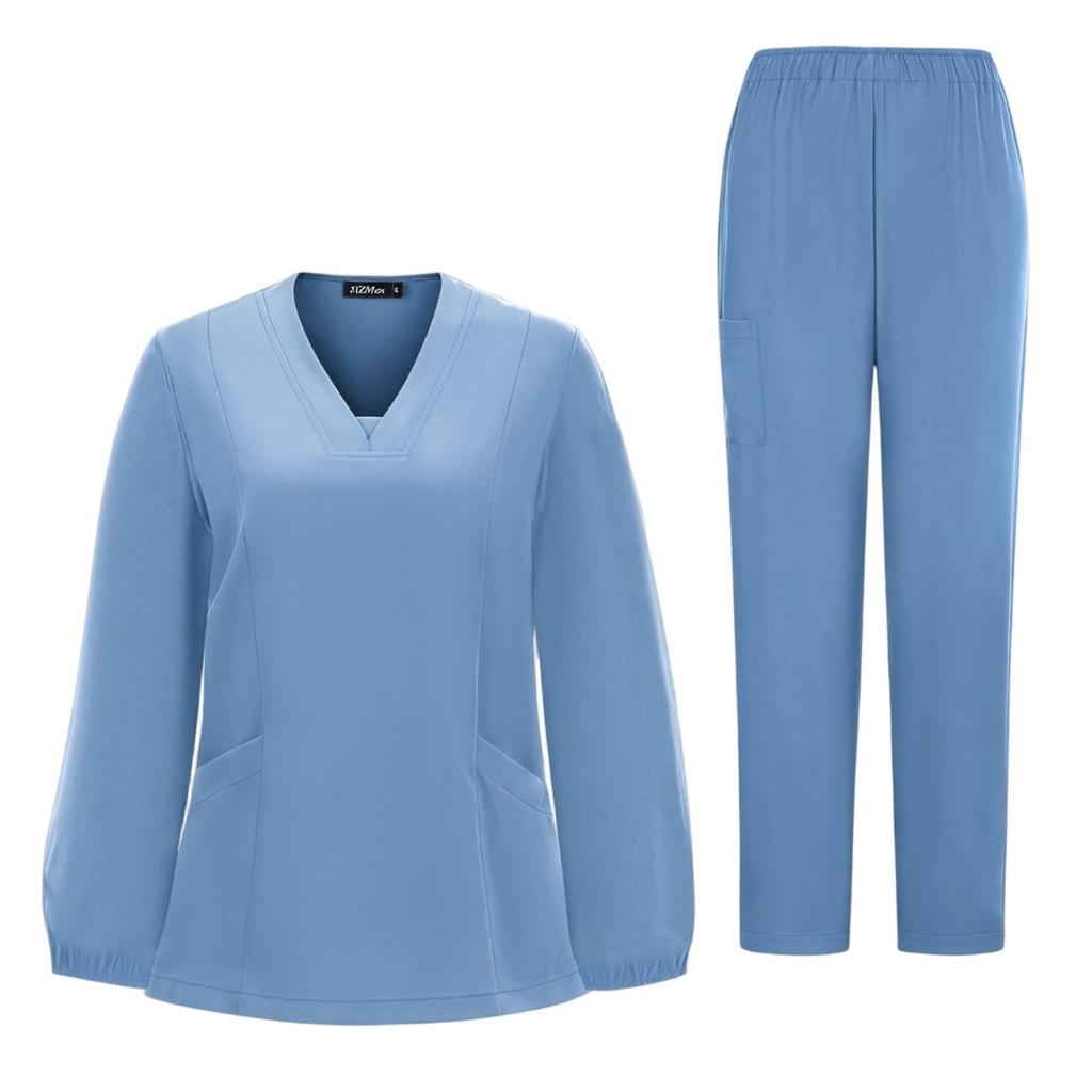 Women's Quick Drying Fabric Solid Color V-neck Pocket Long Sleeve Pants Set Workwear