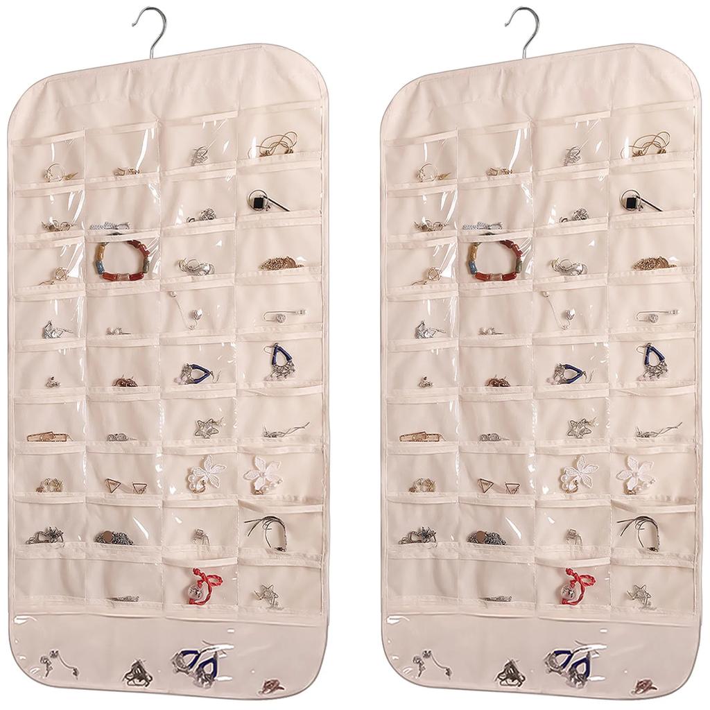 2Pcs Large Pockets Double-sided Hanging Jewelry Display Storage Bag Portable Necklace Holder Foldable Ring Earring Bracelet Bag