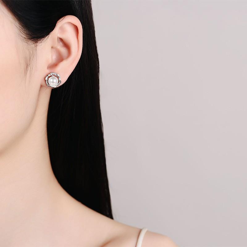 Sterling Flower Stud Earrings With Cultured Pearl Moissanite Bud Design Women Sweet Elegant Minimalist Jewelry