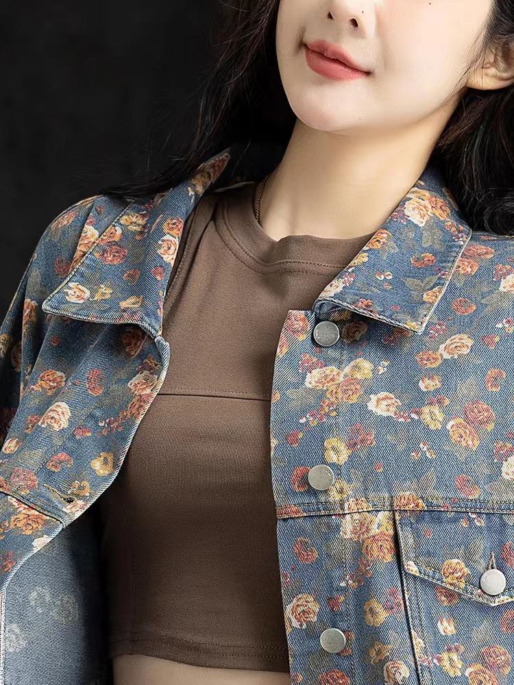 Giacca di jeans stampata da donna Primavera 2025 - Top corto Petite per la moda primaverile e autunnale