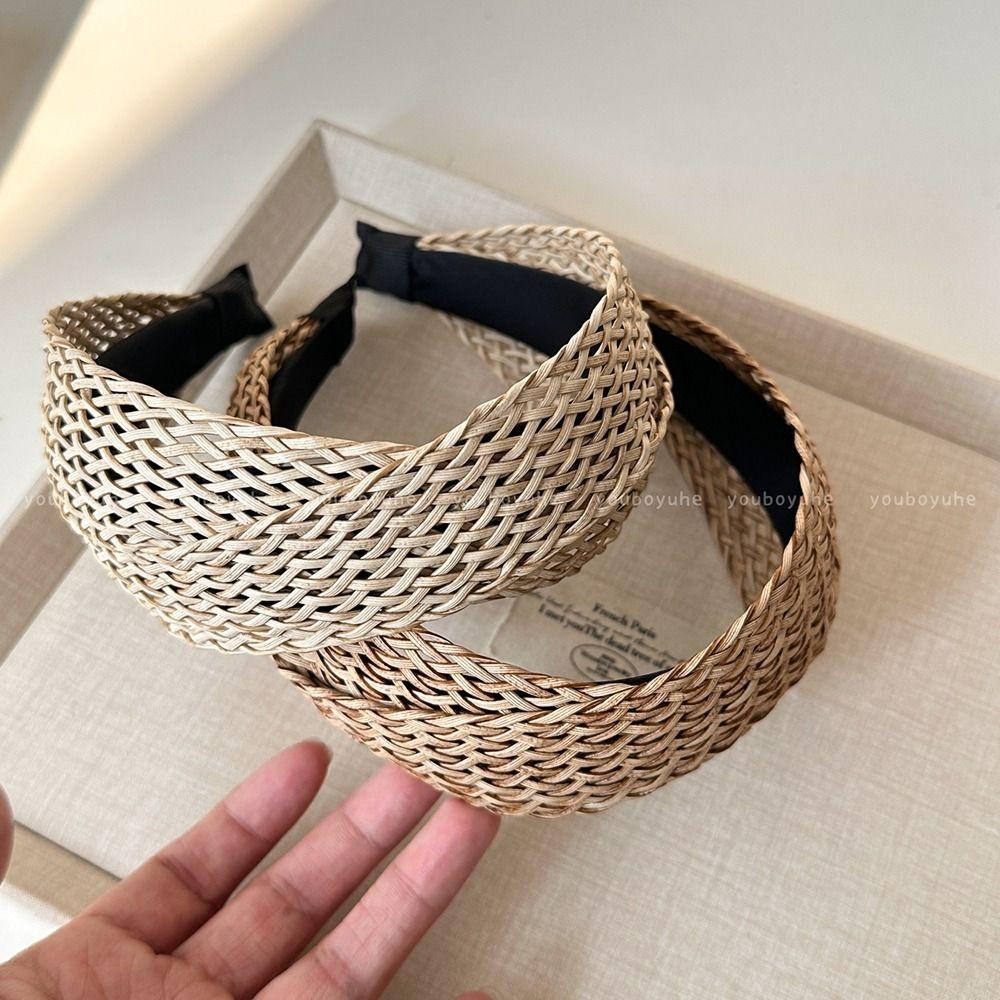Vacation Style Wide Edge Hairband Hollow Bohemian Style Hair Hoop Straw Weave Headband Women
