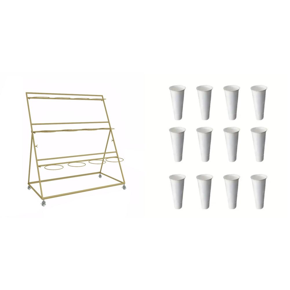 Flower Display Stand 3 Layers Metal Plant Stand with Wheels and Foot Brake 12pcs Tapered Plastic White Flower Pots