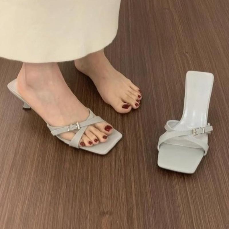 

Fashion 2025 New Summer New Belt Buckle Square Toe Sandals Fine Heel Non-tiring Feet French Open-toe Over-wear Sandals and Slippers 39 серый