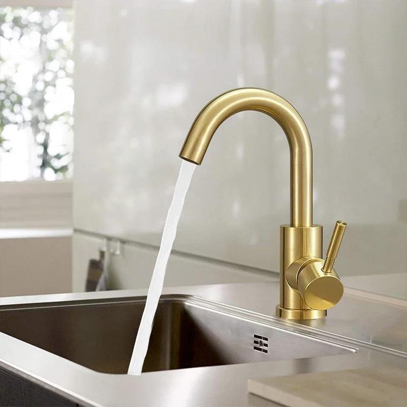 304 Stainless Steel Black/Brushed Gold Hot And Cold Water Mixer Tap Bathroom Basin Washing Table Rotating Basin Faucet Crane