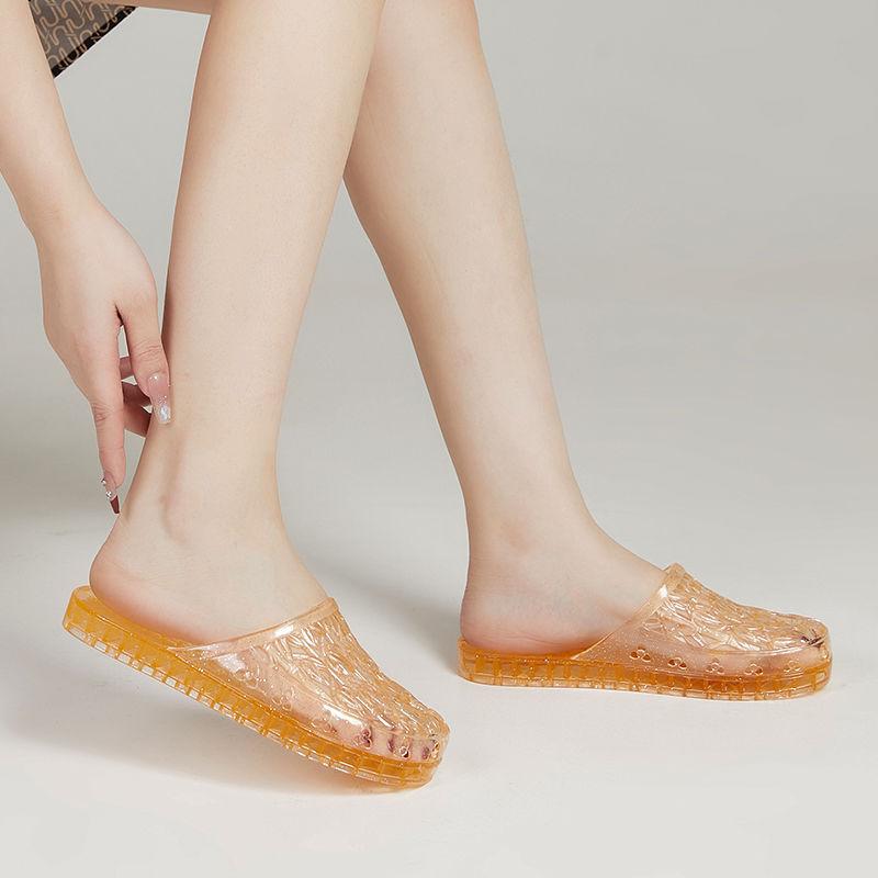 New Jelly Baotou Slippers for Women Fashionable, Hollow Out Breathable Half Tow Home Anti Slip Flat Bottomed Cool Scooter