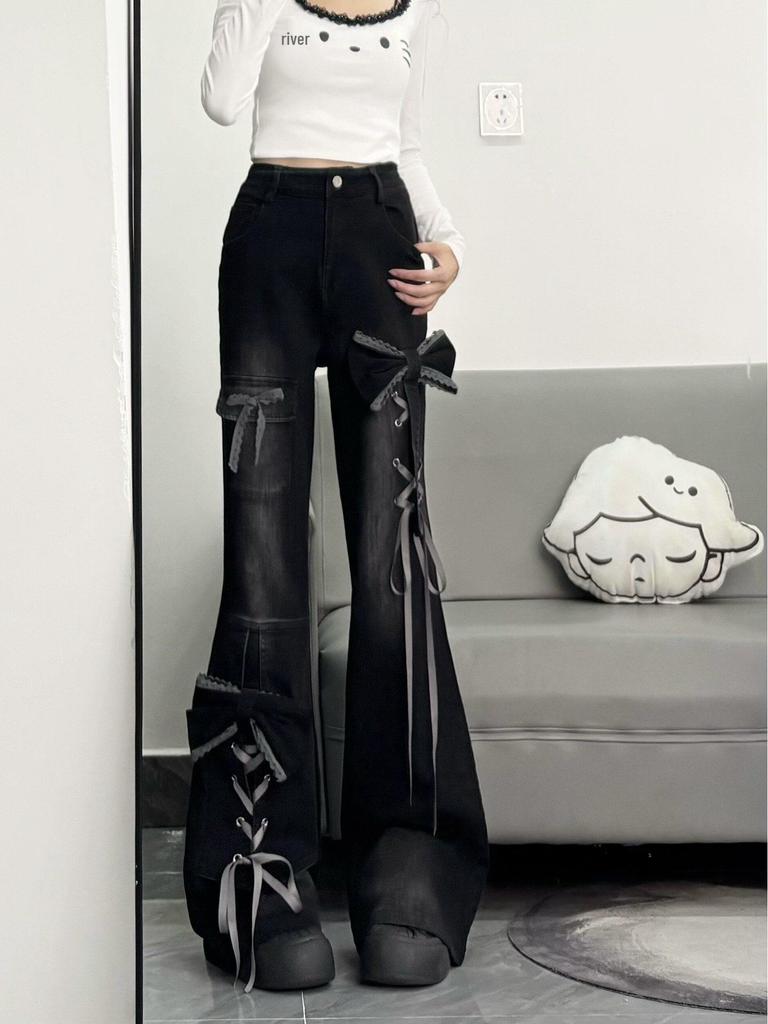 Hot Girl Black Bow Tie Lace-Up Flare Jeans - Women's Micro-Flare Winter Design 2025
