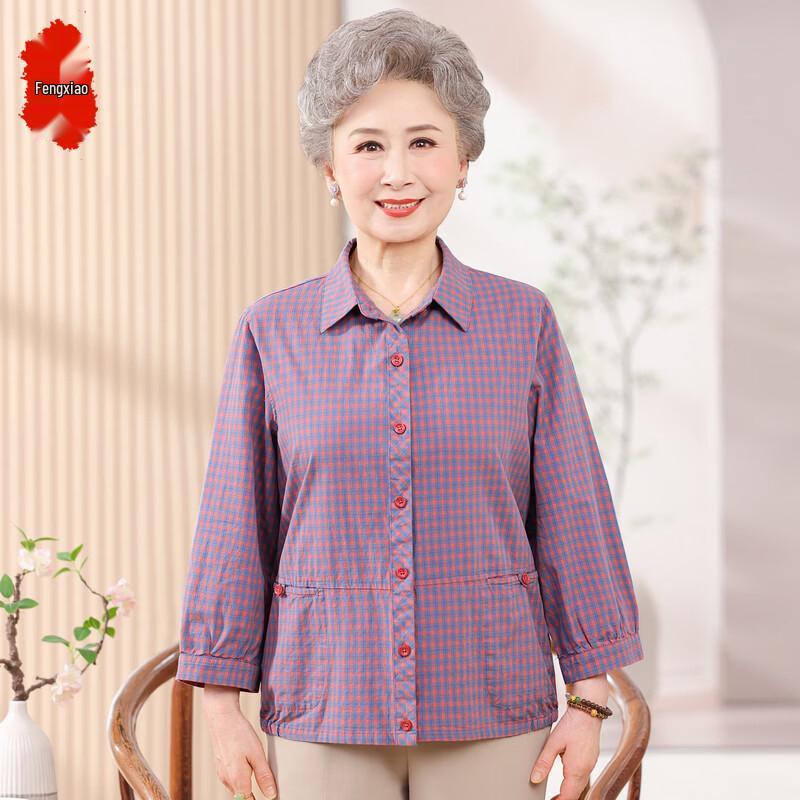 Elderly Women s Spring/Summer Plaid Breathable Shirt 5XL