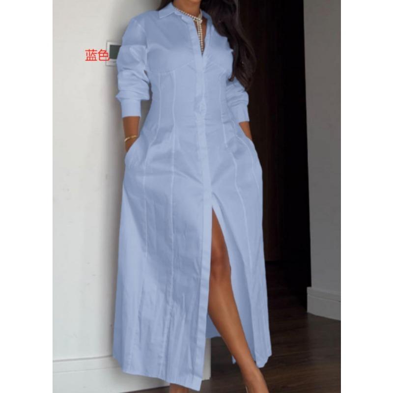 Women s Button Down Shirt Dress Long Sleeve Maxi Dress with Pockets and Slit 2XL синий