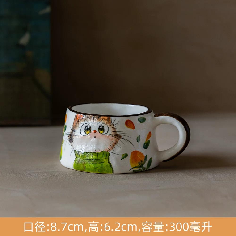 

Cute Cat Ceramic Mug,Vintage Hand-Painted Ceramic Mug, Retro Floral Coffee Cup, Handmade Art Teacup for Home Office