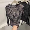 Women's Spring Lightweight Flocked Print Mesh Long Sleeve T-Shirt