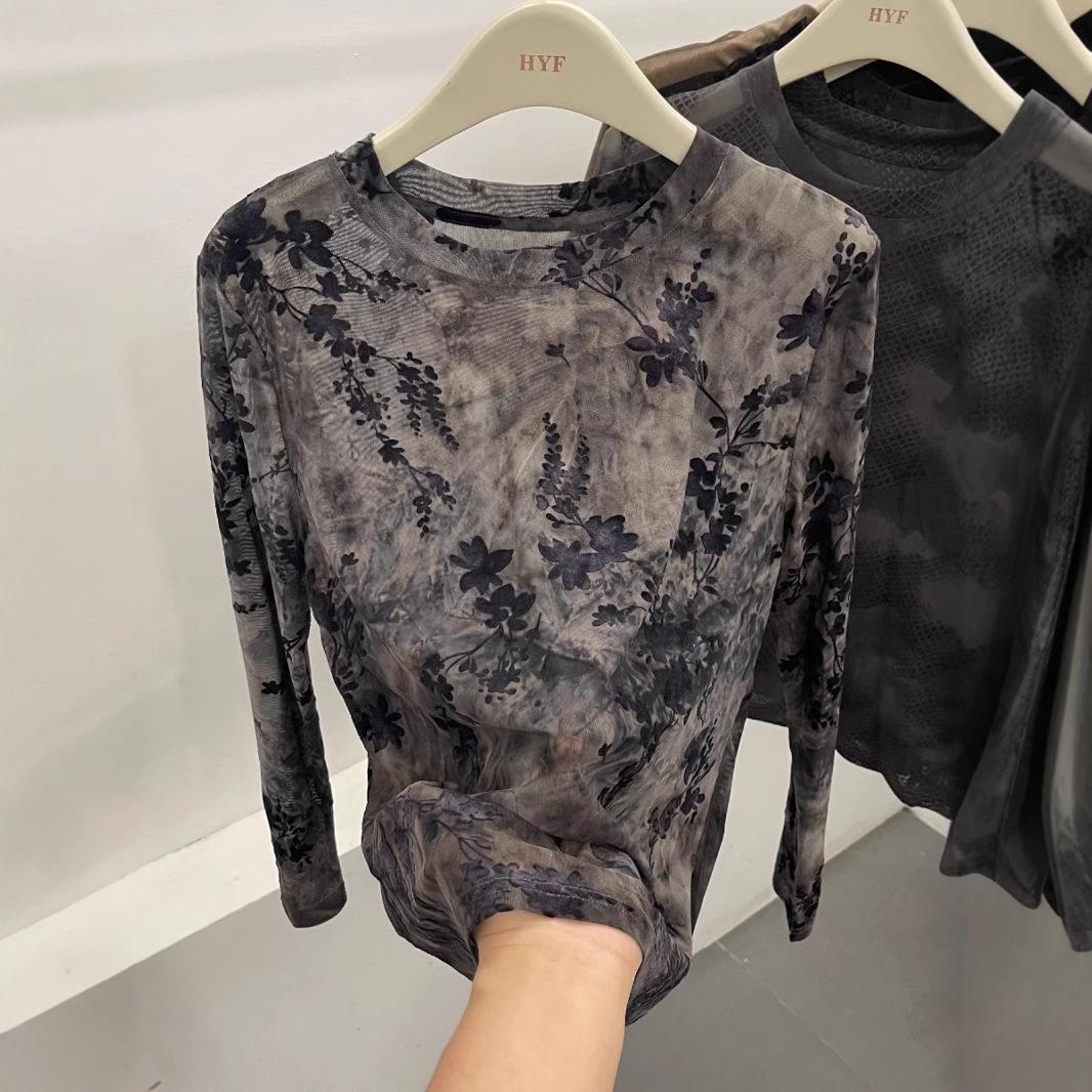 

Women s Spring Lightweight Flocked Print Mesh Long Sleeve T-Shirt M сірий колір
