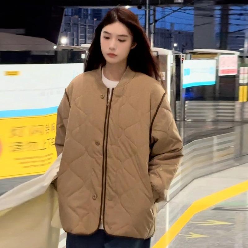Lazy wind rhombus cotton clothes women's autumn and winter design sense small man padded cotton loose and thin cotton coat