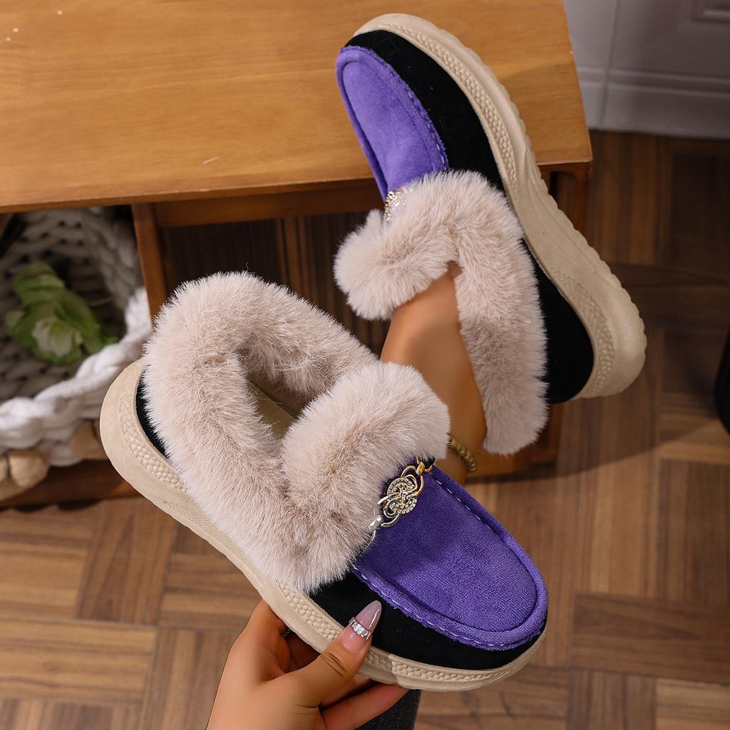 Warm Sneaker Women's Shoes 2025 Winter Plus Size Thick Sole Fleece Metal Chain Cotton Shoes