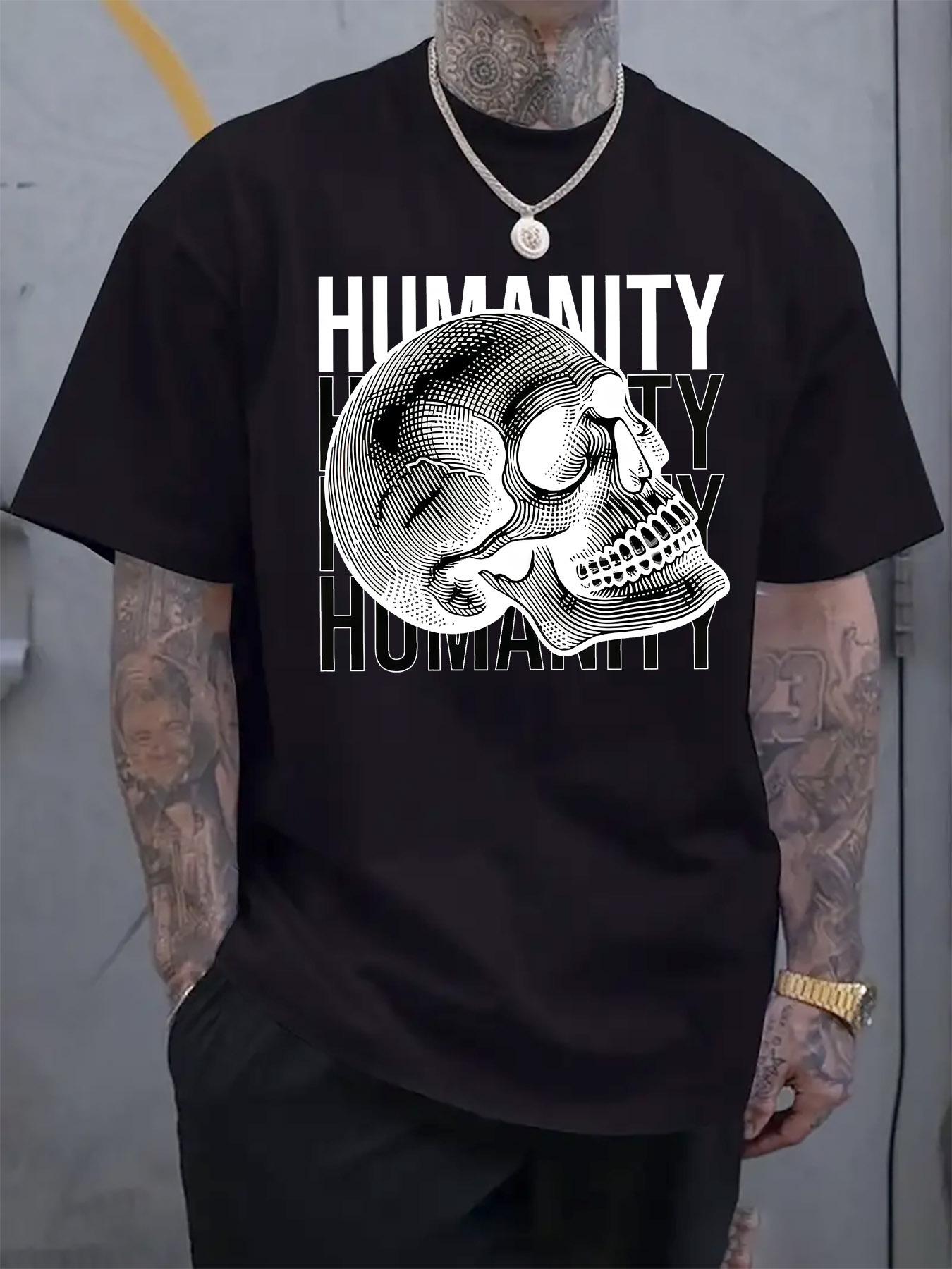 Casual Crew Neck T-shirt with Humanity & Skull Graphic Print XXL