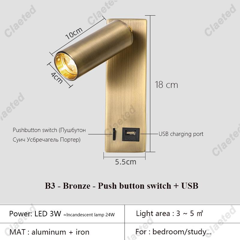 New Led Wall Lamp Sconce with Switch Black Brass Creative USB Port Reading Wall Lamp with 3W Spotlight for Bedroom Bedside