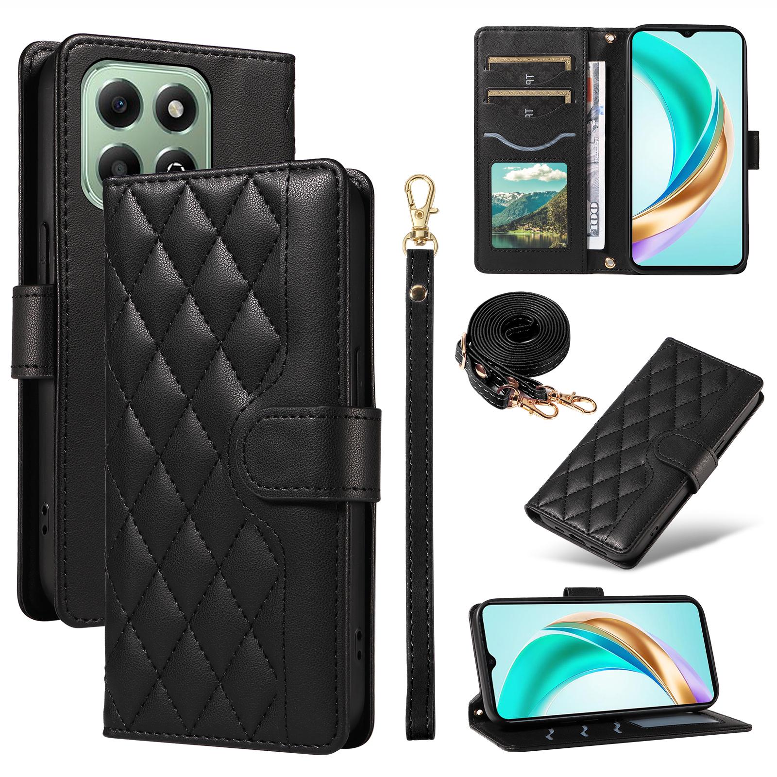 

Чехол-кошелек из ромбовидной кожи для Honor X6b 4G с плечевым ремнем, ремешком на запястье Black