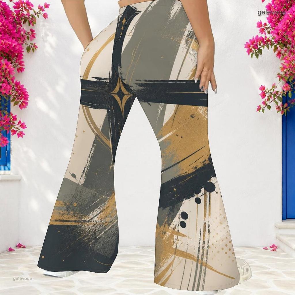 Women Plus Size High Waist Red Blue Star Printed Full Length Flared Pants