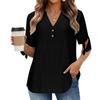 Womens V Neck Short Sleeve Blouse with Button and Tie Sleeve Casual Loose Fit Top for Daily Wear Office School
