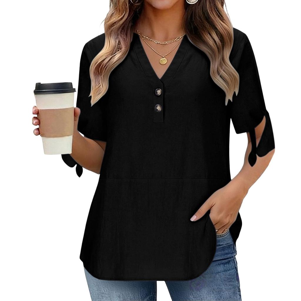 Womens V Neck Short Sleeve Blouse with Button and Tie Sleeve Casual Loose Fit Top for Daily Wear Office School